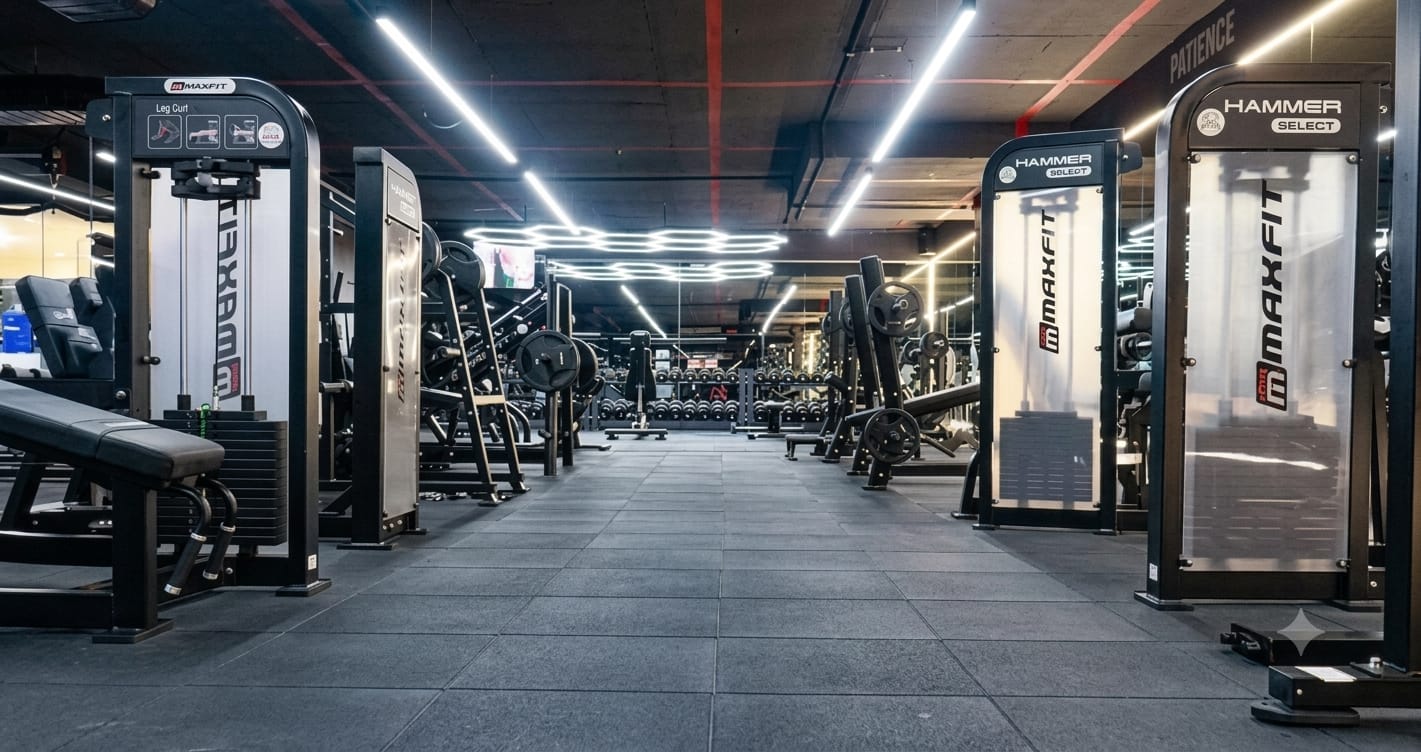 The DSigniteFitness training floor in Vanasthalipuram, Hyderabad, under its signature hexagon lighting
